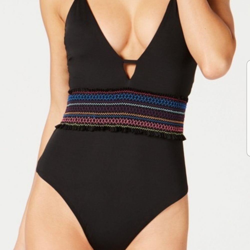 BAR III Smocking Solids Plunge Swimsuit SZ L NWT